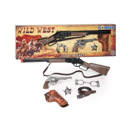 SET DE LUJO COWBOY CON RIFLE PISTOLA Y ESPOSAS DE METAL. 498/0